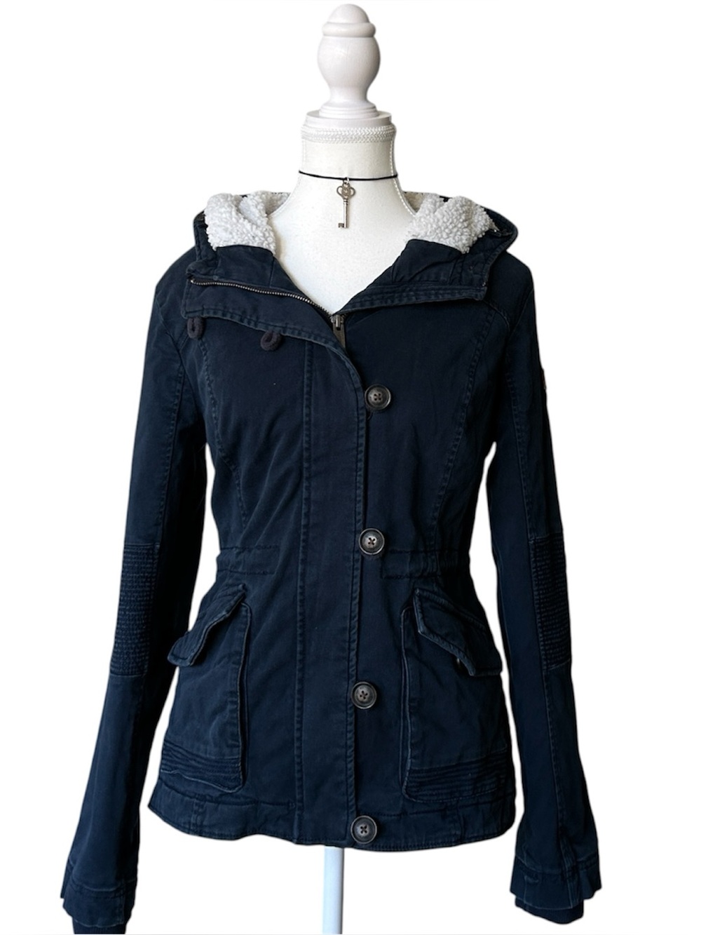 Y2K Coquette “Hollister” Navy Blue Cargo Style Sherpa Lined Bomber Jacket